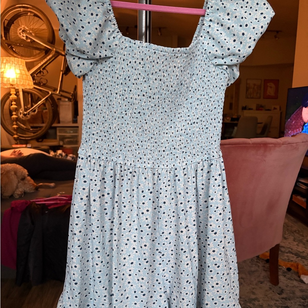 Light Blue Puff Sleeve Woman’s Dress with Navy Dot Print